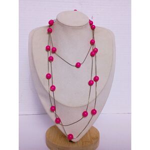 Retro Hot Pink Lucite Bead Station on Silver Tone Chain Rope Length Necklace